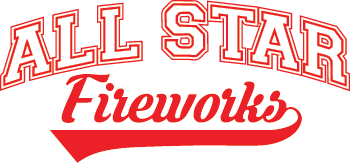 Allstar Fireworks logo featuring bold red and white text with a sporty feel representing a Missouri-based fireworks company.