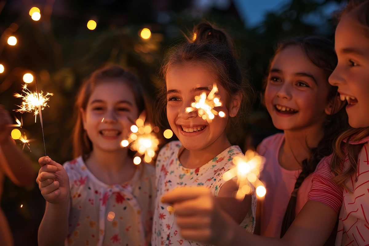 Young girls holding sparklers with glowing faces, celebrating summer after visiting one of our fireworks stands in Missouri.